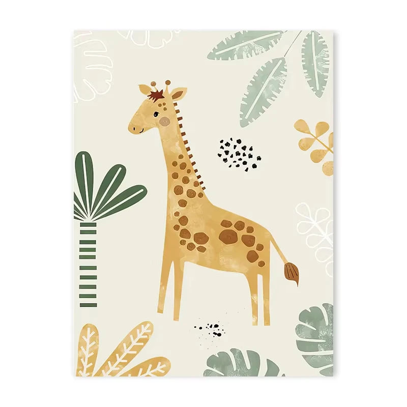 affiche toile animaux jungle lion zebre elephant decor chambre enfant cartoon beige vert