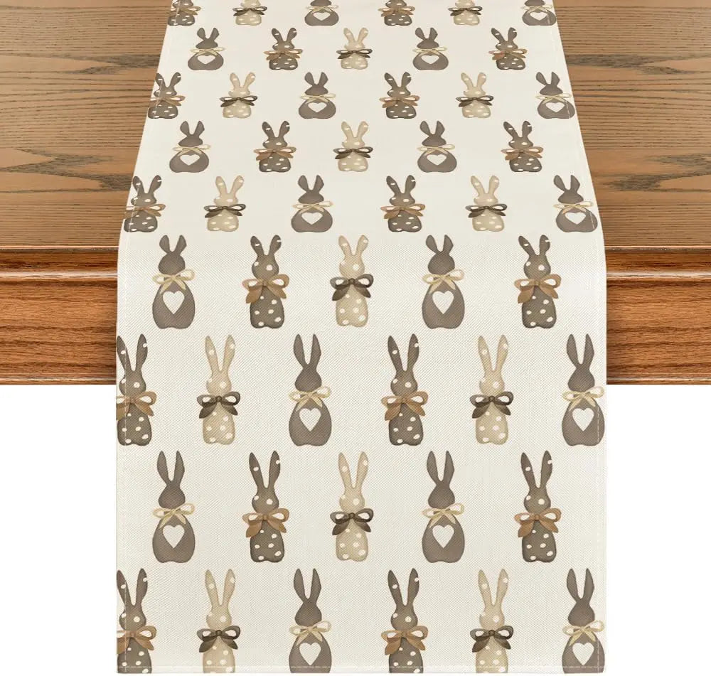 Motif de lapins mignons et élégants ornés de nœuds sur fond clair, créant un design charmant et printanier.