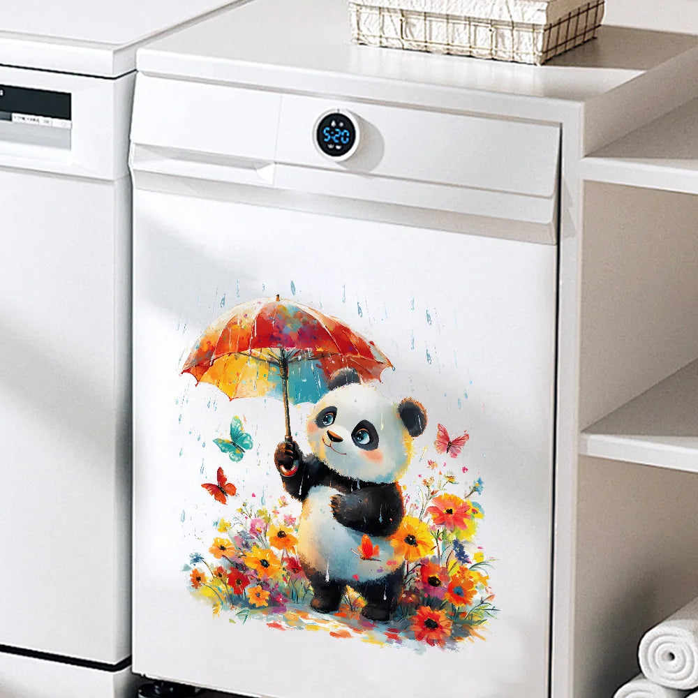 autocollant mural panda parapluie fleurs papillons enfantin cartoona opaque adhésif chambre enfants decoration murale
