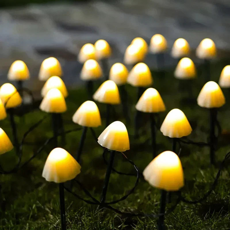 guirlande lumineuse solaire champignons couleurs modernes extérieur jardin patio chemin féerique led blanc jaune