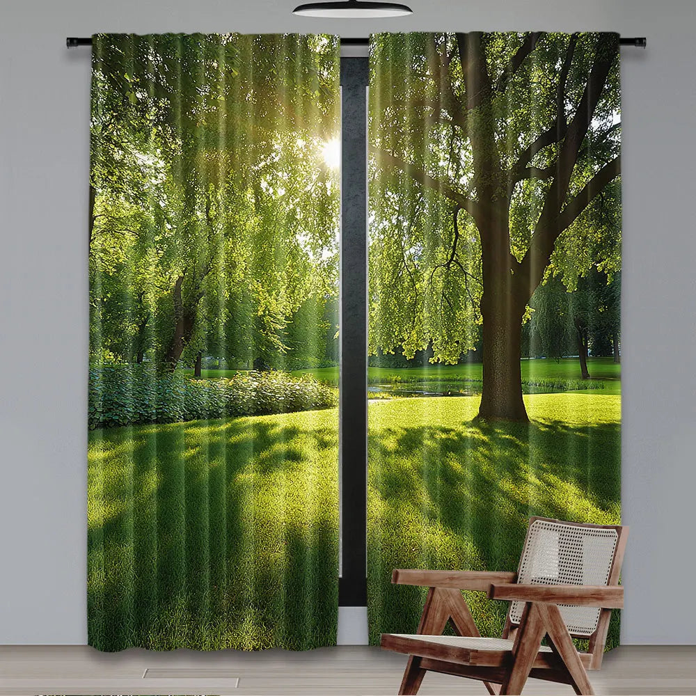 rideau vert paysager polyester extérieur deux panneaux arbres lumière naturel décoratif plissé vertical