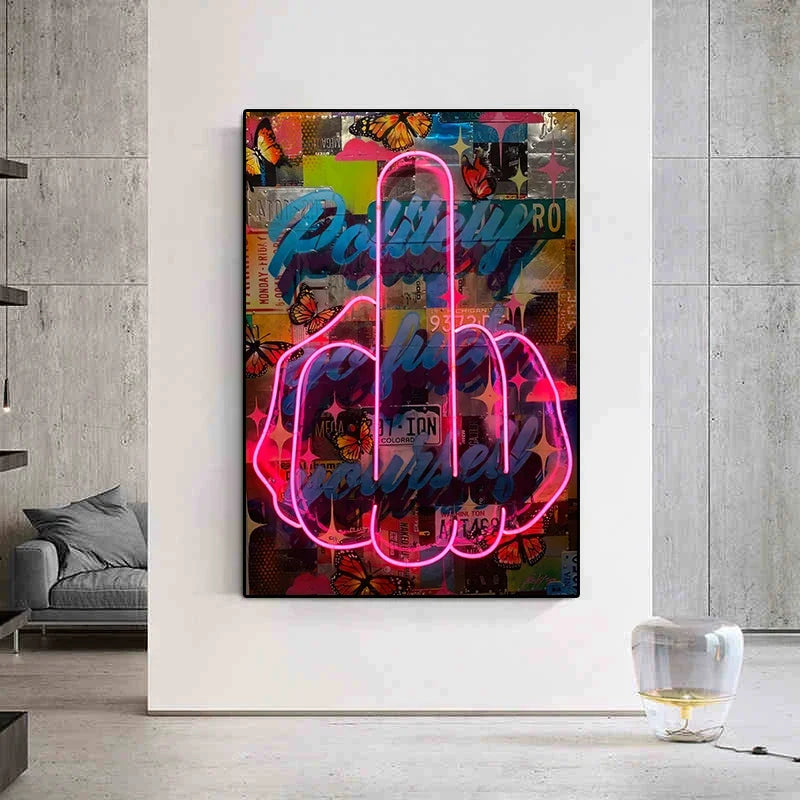 affiche pop art abstraite toile rose papillons lettres graphiques décoration maison salon chambre