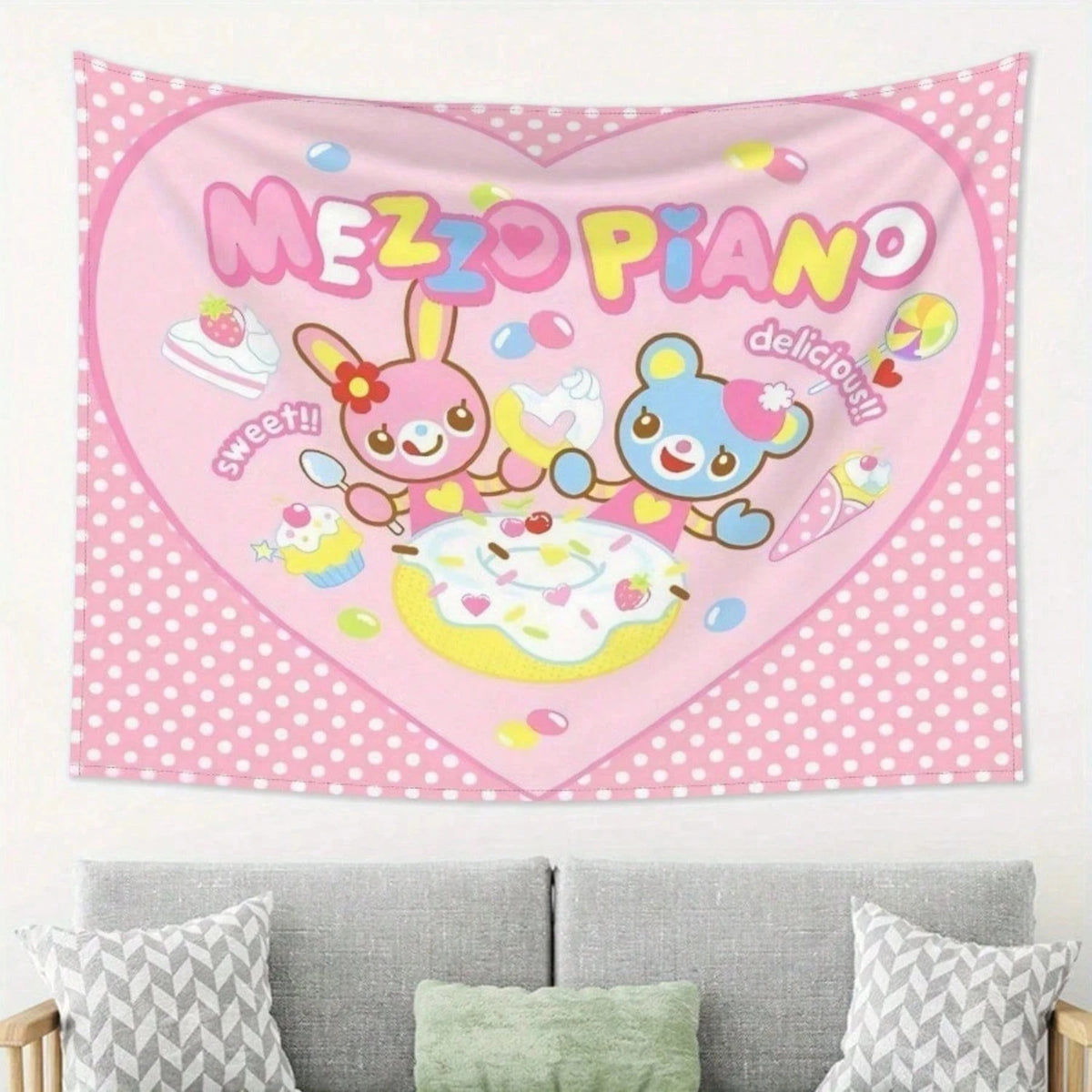 tapisserie murale kawaii motif pois lapin ours gâteaux pastel rose clair cartoon chambre enfant