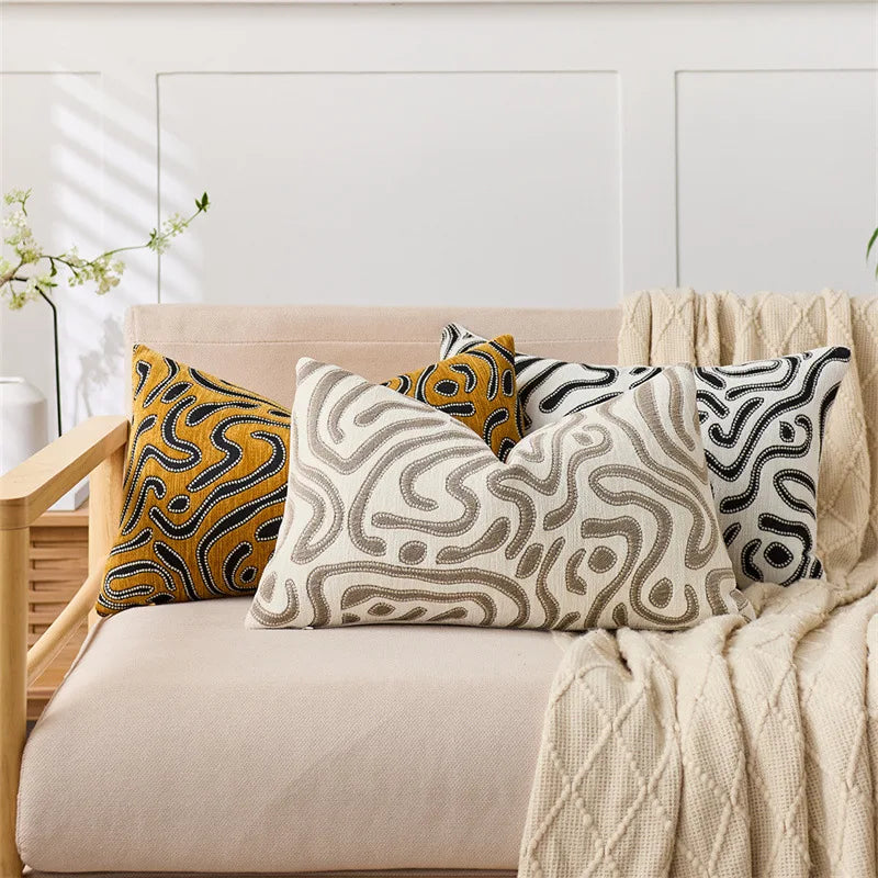 lot deux housses coussin chenille motif abstrait moderne canapé salon décoratif
