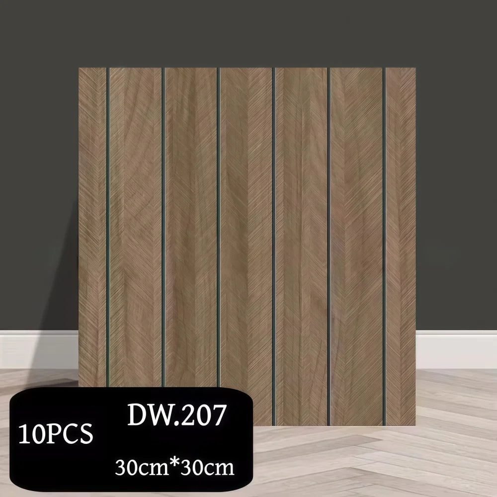 panneaux décoratifs modernes 30x30cm adhésifs imitation bois rayures verticales beige clair mur chambre decoration
