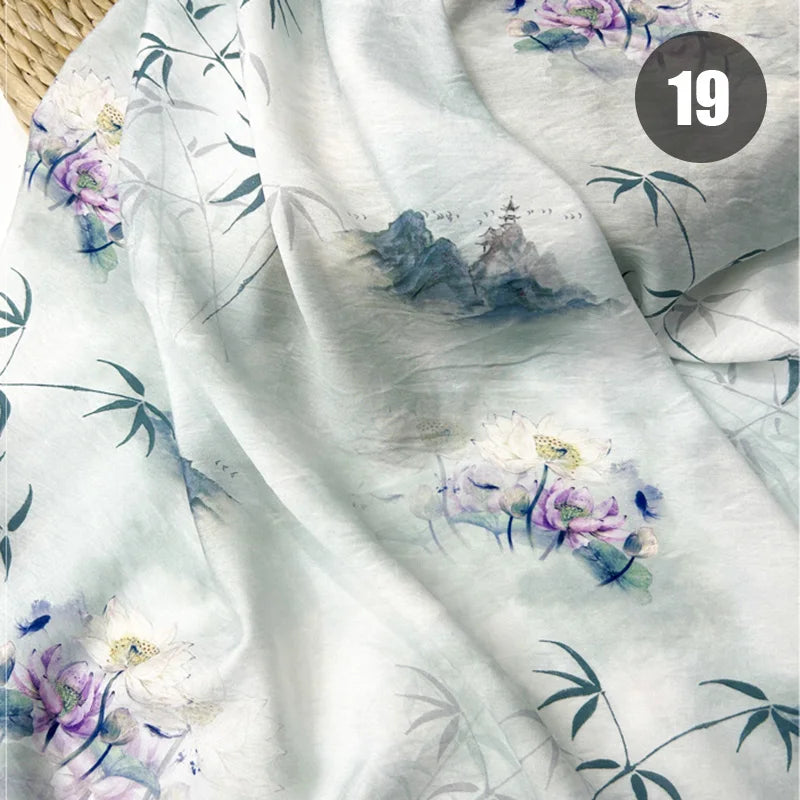 tissu imprimé chinois personnages traditionnels bambous fleurs beige vert bleu rose