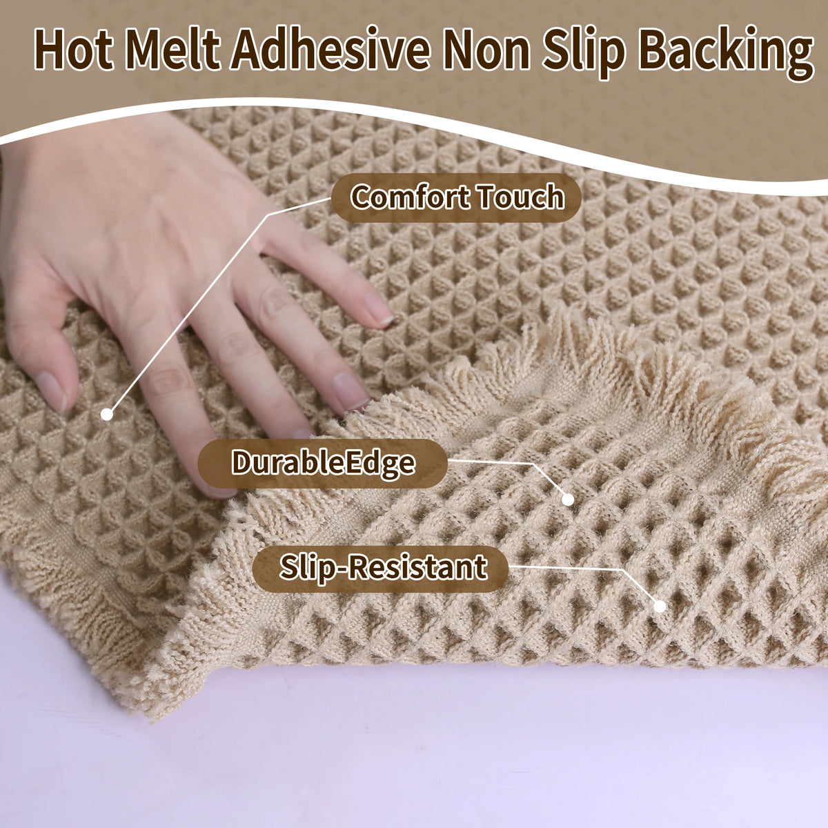 tapis bain microfibre absorbant antidérapant moderne beige clair maille géométrique bordure frisée sèche rapidement