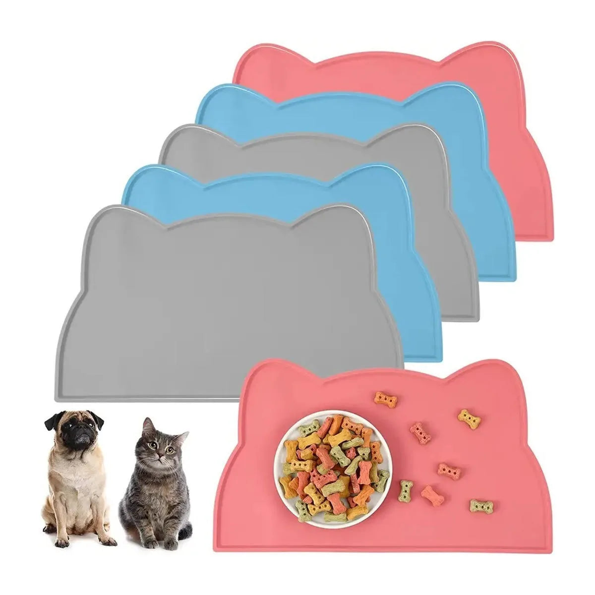 tapis animal compagnie gris bleu rose forme chat moderne assiettes nourriture eau imperméable laine