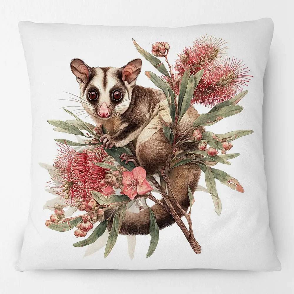 coussin décoratif carré motif opossum fleurs artistiques tissu polyester blanc beige vert rose jaune