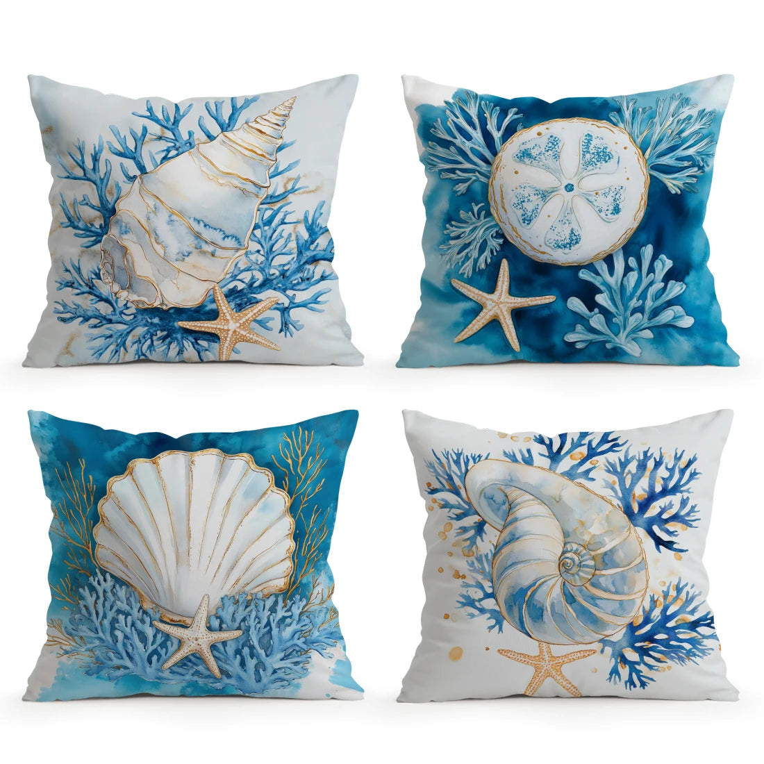 coussin moderne bleu blanc corail coquillage 45cmx45cm zip invisible décoration intérieur maison