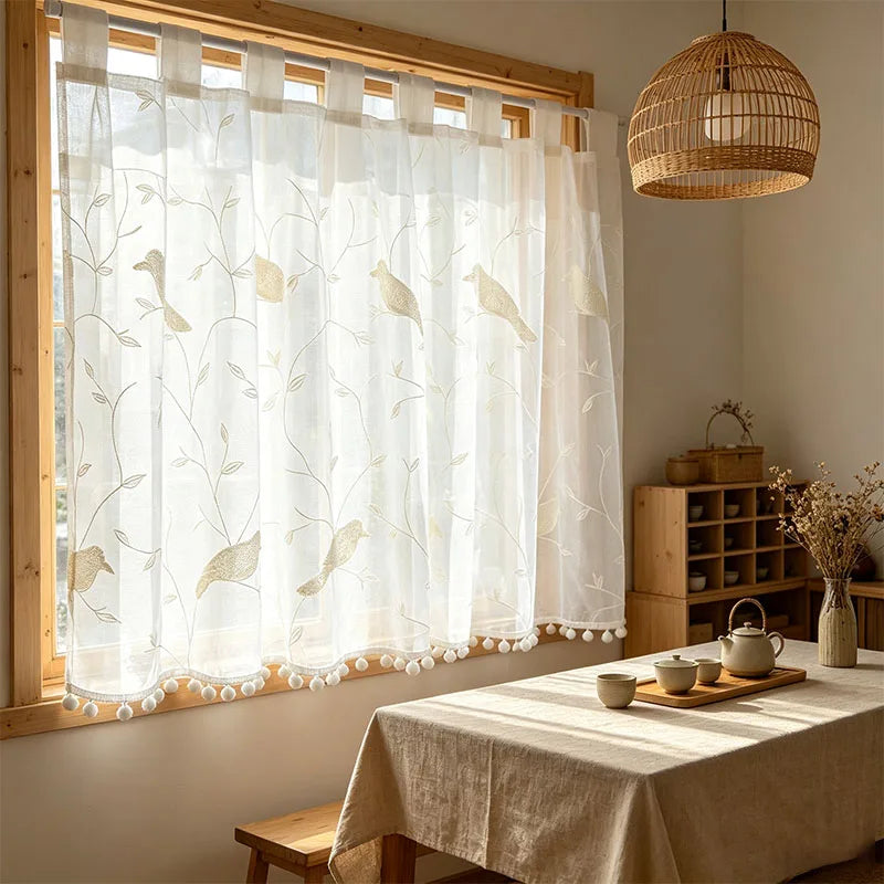 rideau blanc oiseaux brodés pompons franges moderne translucide polyester 130cm 200cm