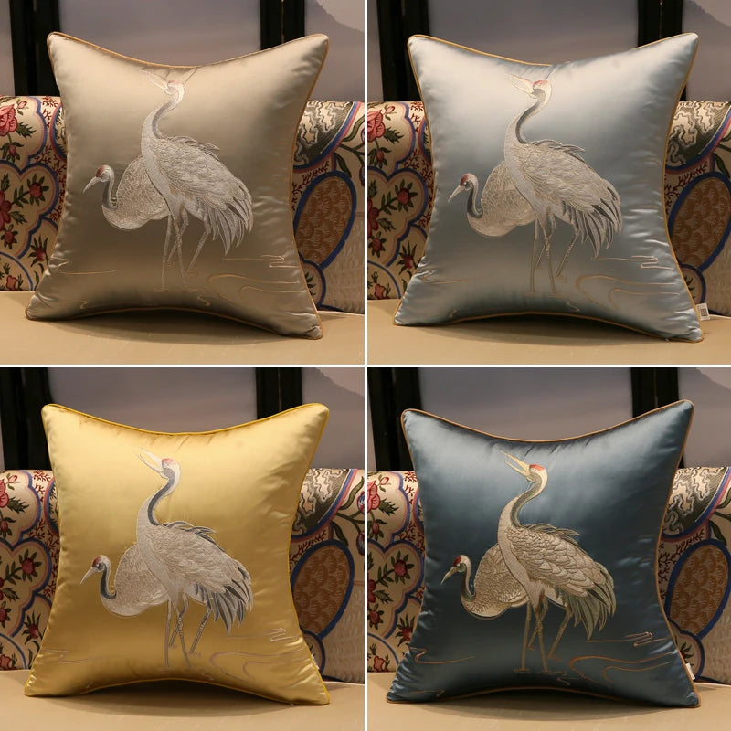 taies d'oreiller brodées oiseaux traditionnel bleu beige doré maison hospitalière imperméable respectueux environnement 45x45cm