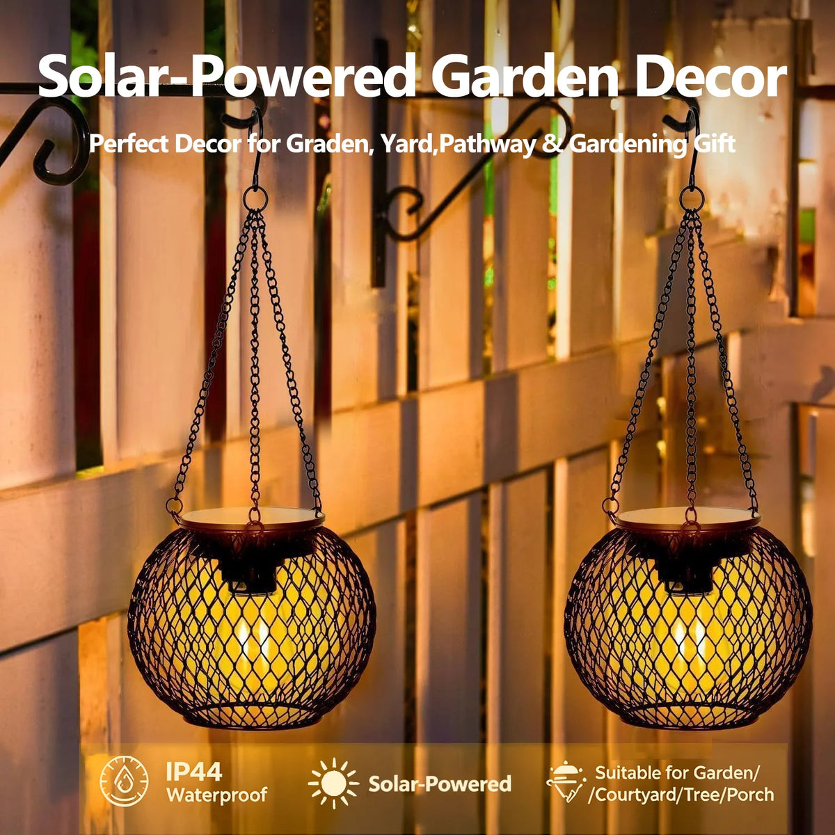lampe solaire jardin led métal noir doré vintage rustique maille crochets