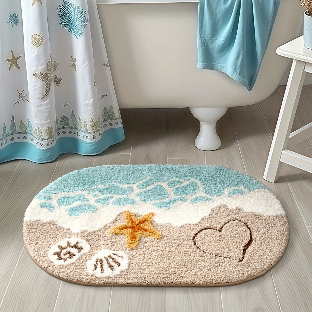 tapis bain imperméable coeurs vague bleu clair moderne décoration coquillages étoiles mer adultes chambre