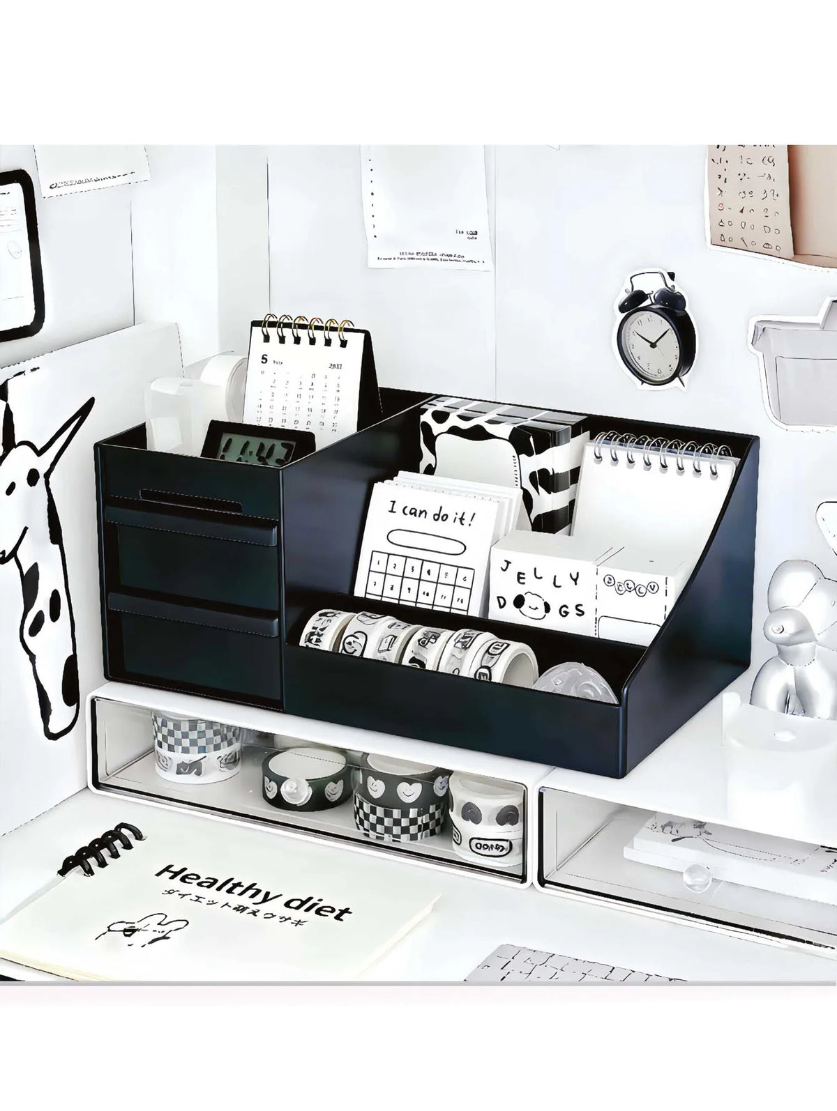 organisateur maquillage moderne boîte rangement noir blanc rose cosmétiques brosse maquillage calendrier horloge minimaliste