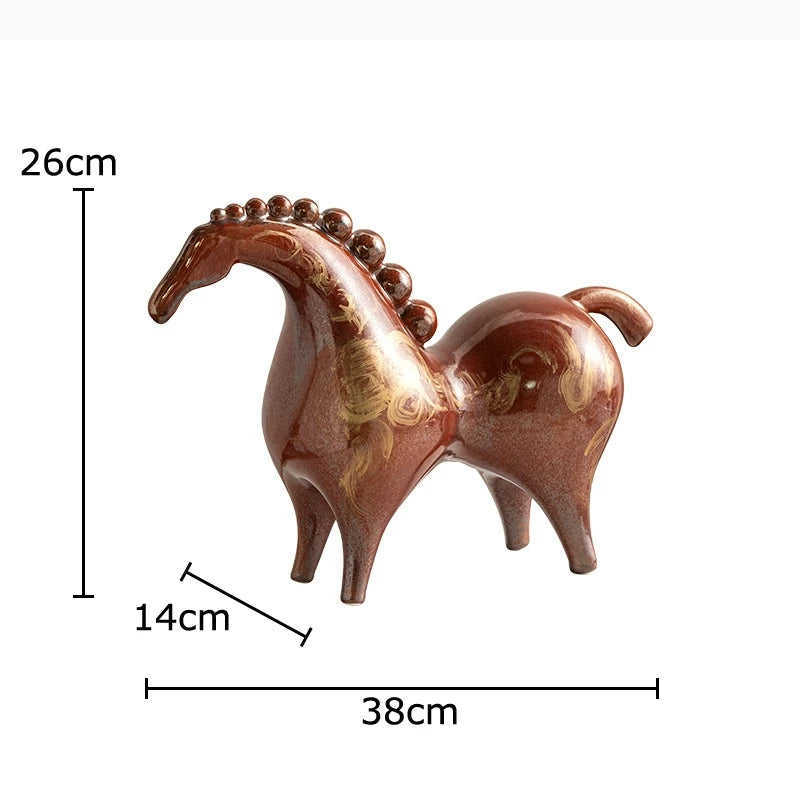 statuette cheval céramique marron rouge motifs dorés texture brillante moderne