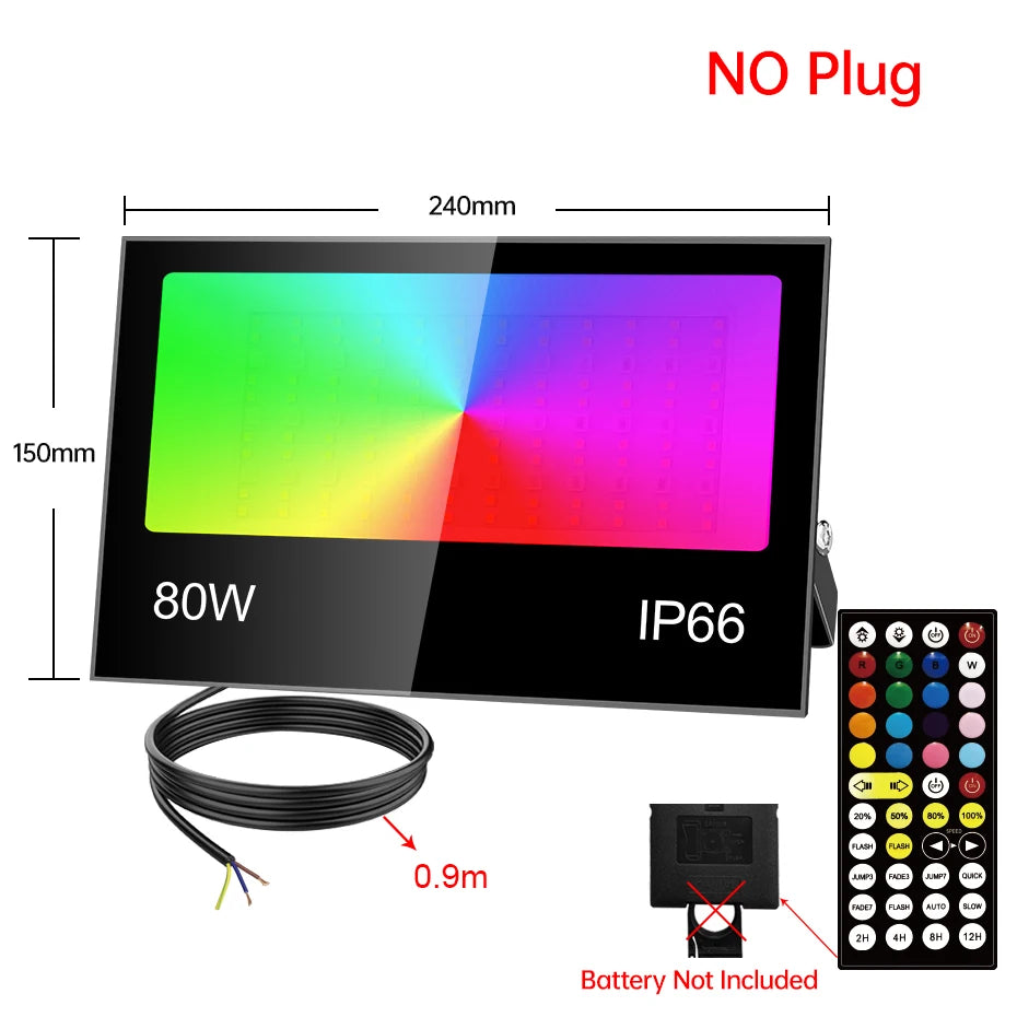 projecteur led rgb ip66 étanche extérieur télécommande réglage luminosité noir moderne