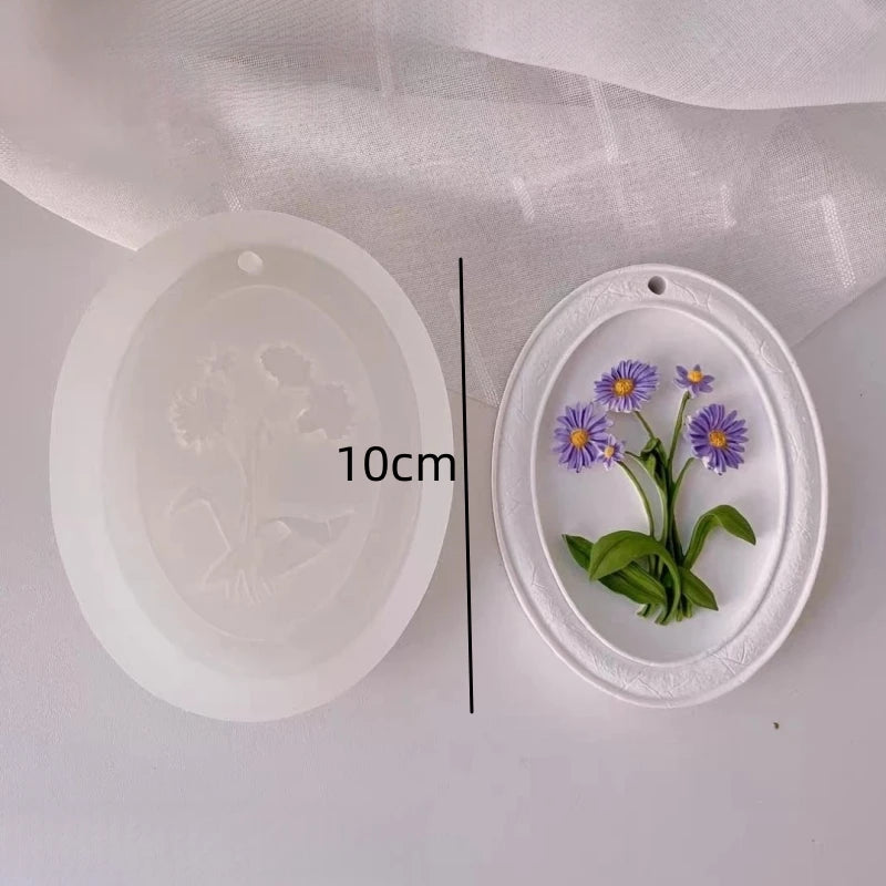 cadre décoratif ovale silicone fleurs reliefs artisanal clips ruban couleurs variées maison