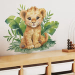 sticker mural lionceau illustration orange feuilles adhésif chambre enfants animal dessin animé pvc