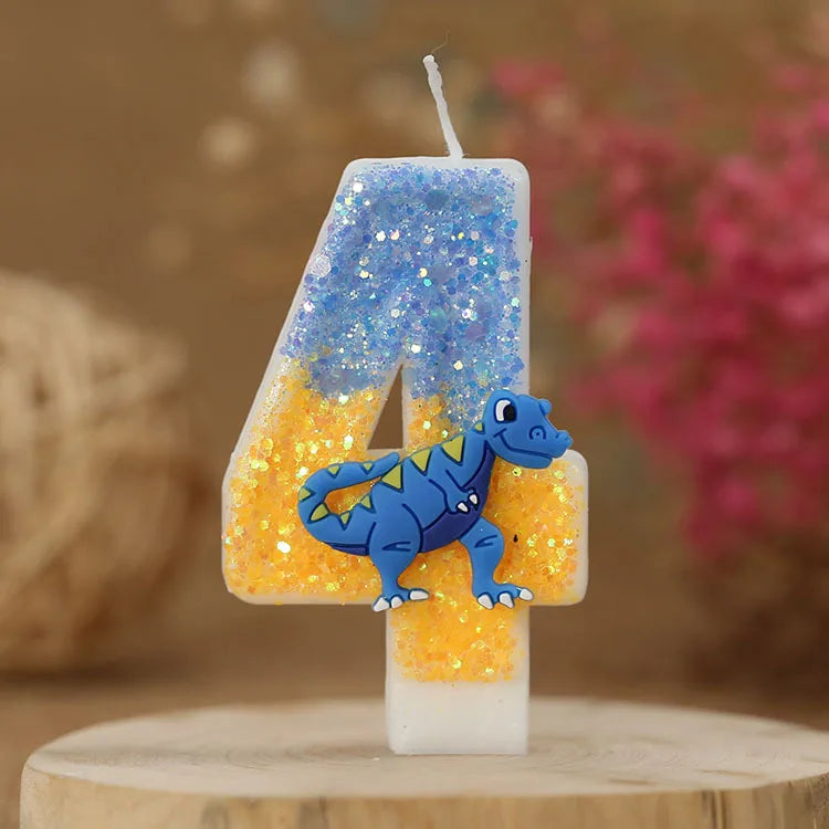 bougies anniversaire chiffres bleu jaune blanc paillettes dinosaure décoratives thème