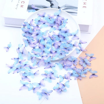 papillons décoratifs autocollants tissu organza brillant violet bleu rose fête artisanat