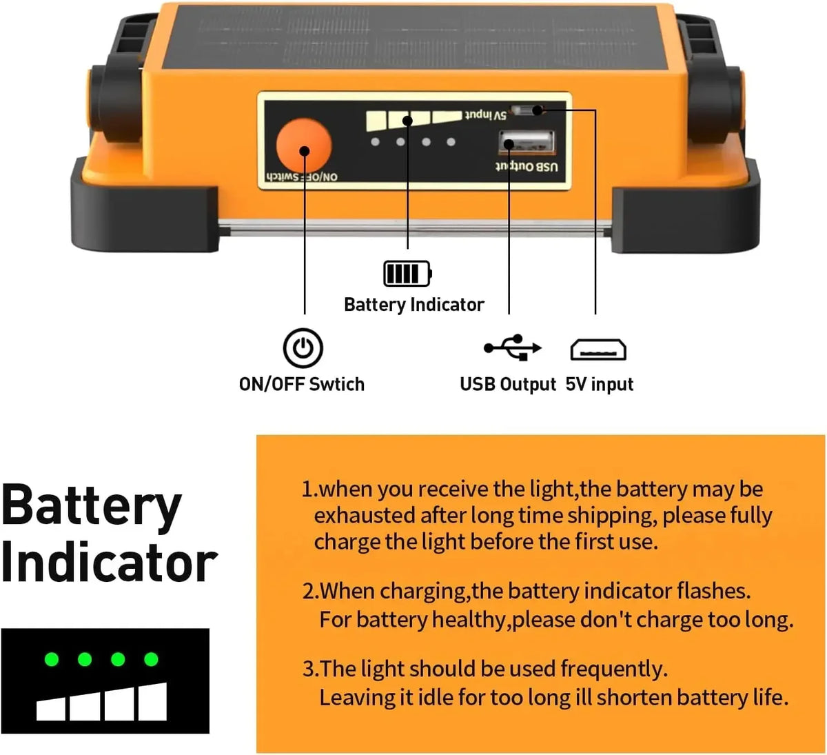 lampe travail solaire rechargeable led orange robuste poignée ajustable camping