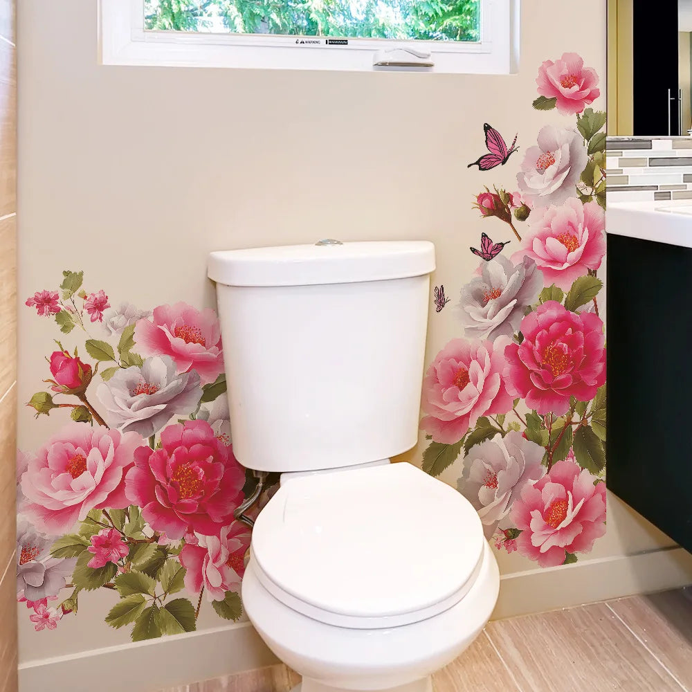 autocollants muraux fleurs pivoine papillons decoration murale rose blanc vert floral