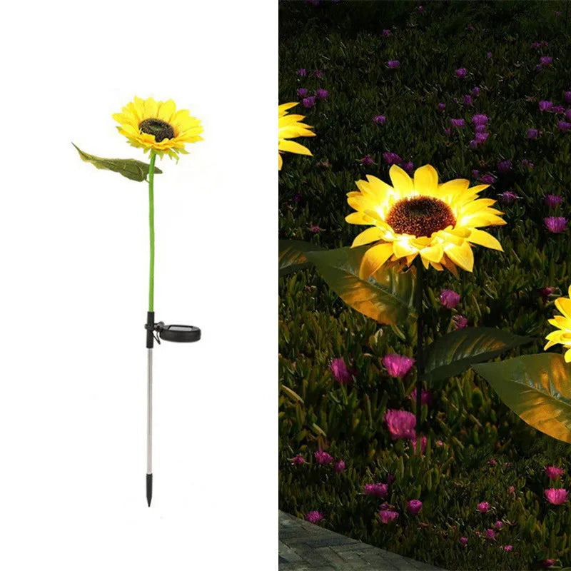 fleur artificielle solaire jaune verte moderne piquet métallique base fixation