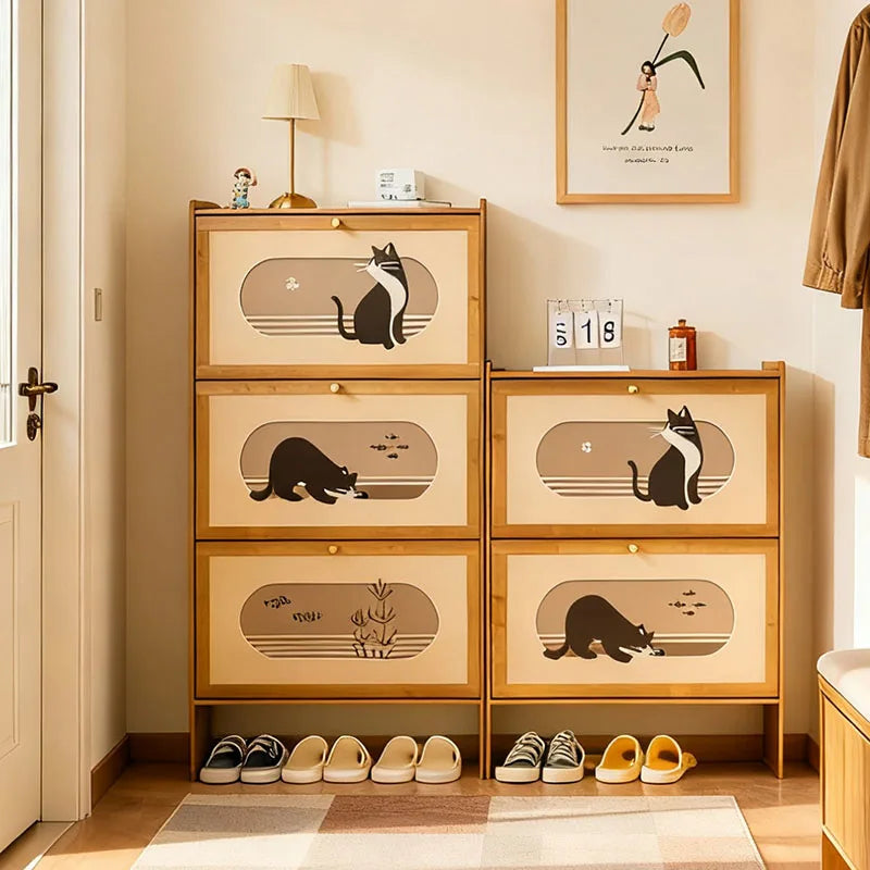 meuble chaussures bois naturel moderne minimaliste tiroirs assemblage facile poignées métalliques