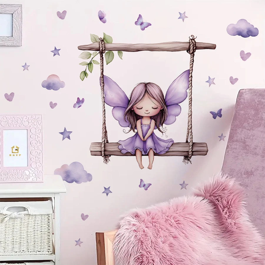 sticker mural illustration fée balançoire papillons coeurs nuages chambre enfant violet beige vert blanc