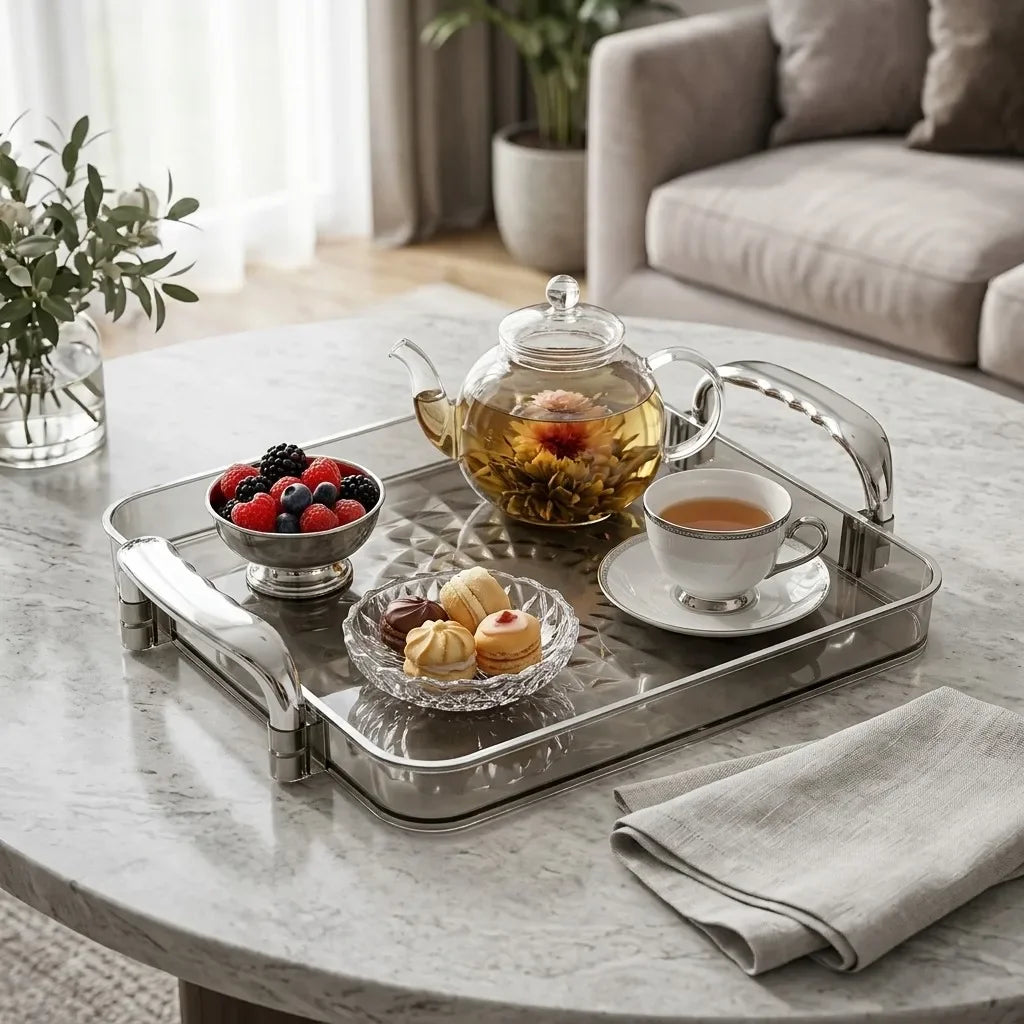 plateau service transparent moderne poignées diamant 3d argenté fruits macarons