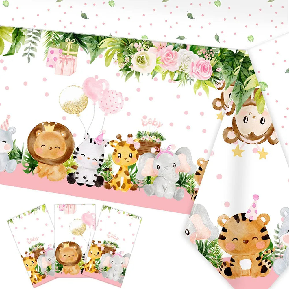 décoration anniversaire thème jungle animaux rose serviettes papier assiettes guirlande happy birthday nappe aquarelle