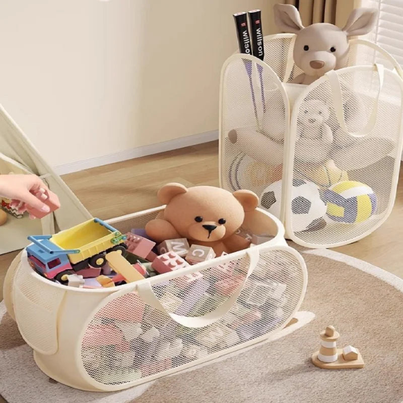 panier jouets maille moderne beige clair pliable rangement horizontal vertical organisation enfant poupée voiture