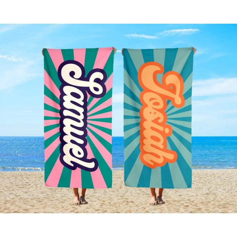 serviette plage personnalisable bleu orange rayures vintage rapide absorption machine