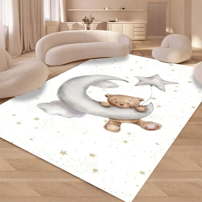 tapis moderne ours lune étoiles gamer velours polyester blanc marron gris chambre enfant salon