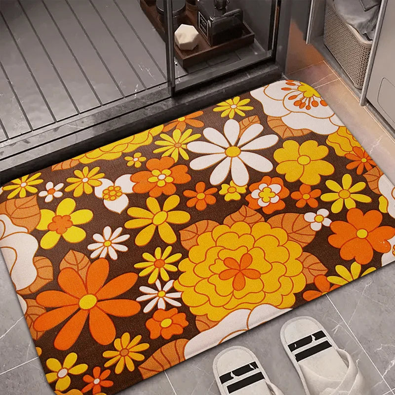 tapis sol vintage fleurs colorées marron orange jaune antidérapant intérieur extérieur