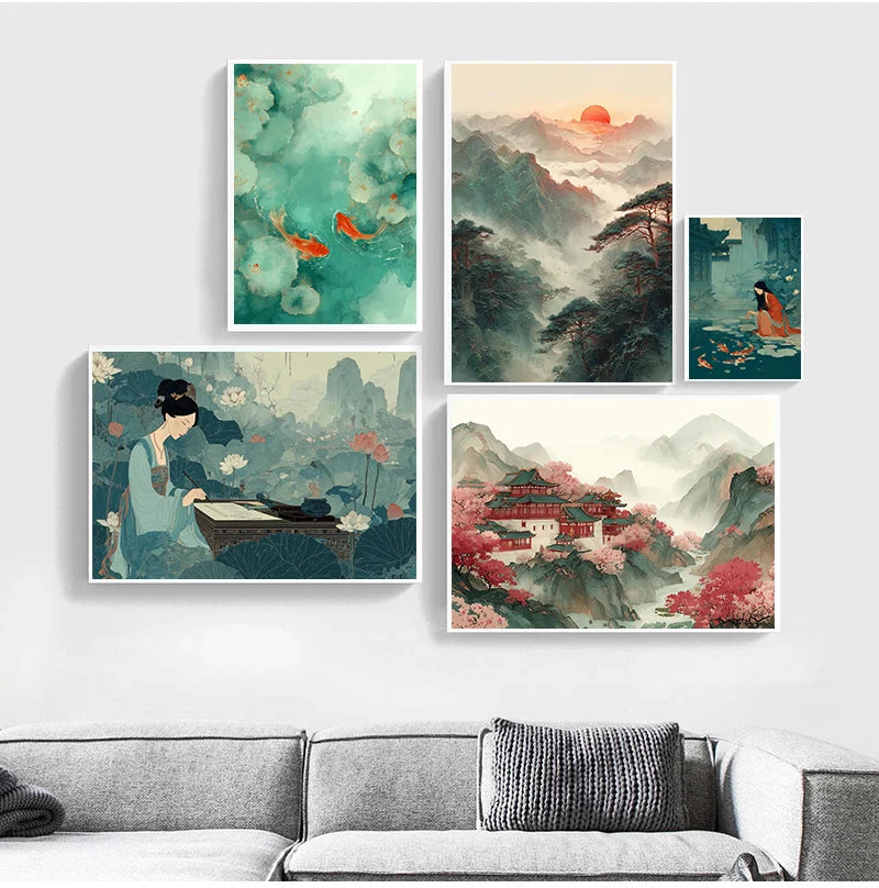 toile art paysage traditionnel poisson koi fleur cerisier temple lotus décoration intérieure murale cadre