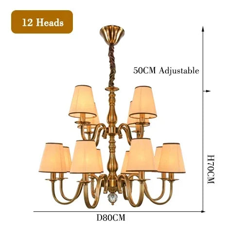 chandelier bronze classique suspension lumière abat jours tissu texturé courbes salle manger