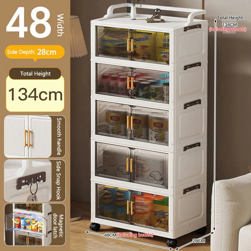 meuble rangement pliable blanc roulettes portes poignées dorées vêtements