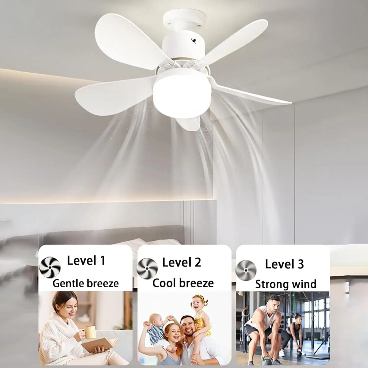 ventilateur lampe intégrée noir blanc moderne minimaliste télécommande inclusion lumière pales abs