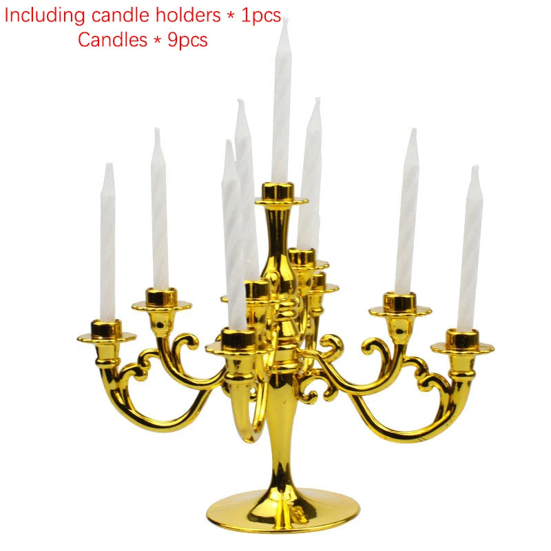 décoration anniversaire bougeoir or argent rose classique cinq branches tiges blanches base plate