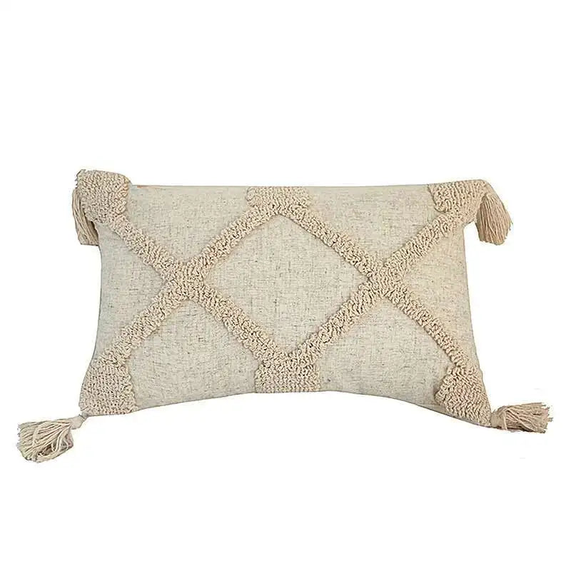 coussin carré beige motif losange texture bouclée décoration maison boho franges