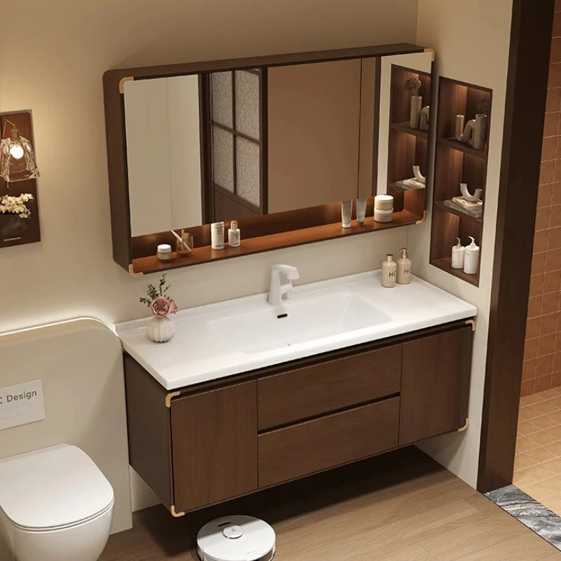 meuble salle bain moderne miroir étagère rangement blanc marron bois naturel
