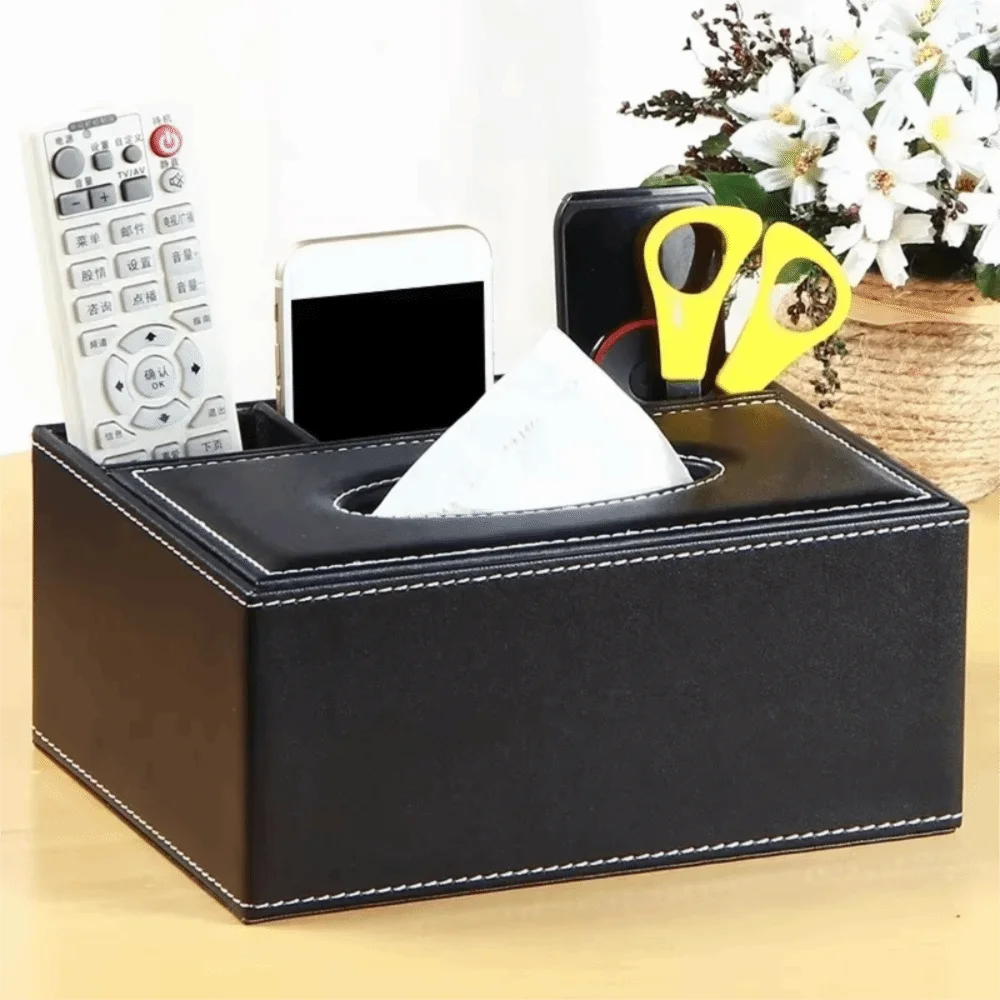 boîte mouchoirs multifonctionnelle moderne marron foncé blanc noir ethnique adhésif smartphone télécommande thé couteau