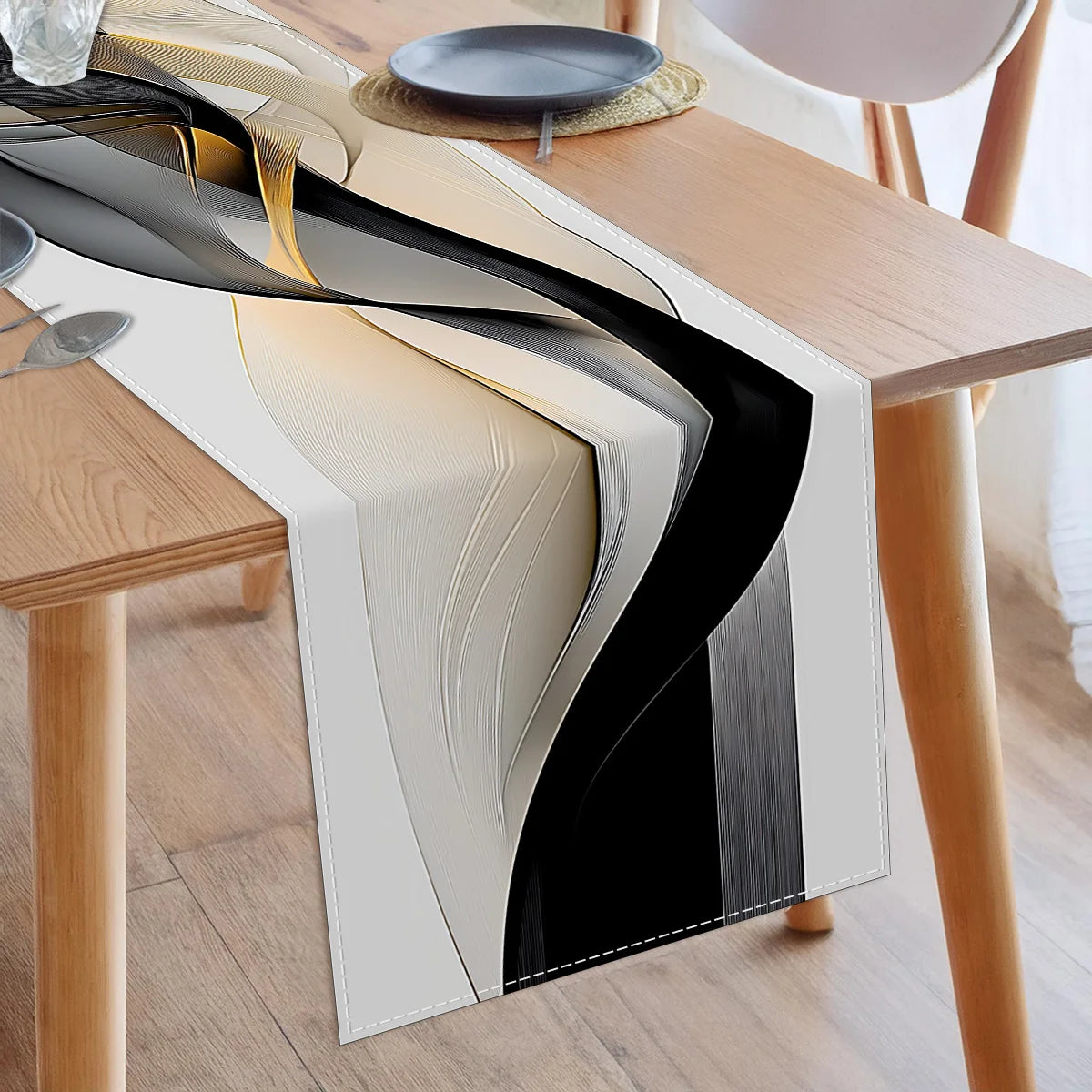 nappe moderne abstraite vagues courbes fluides blanc noir beige doré polyester maison décoration festive