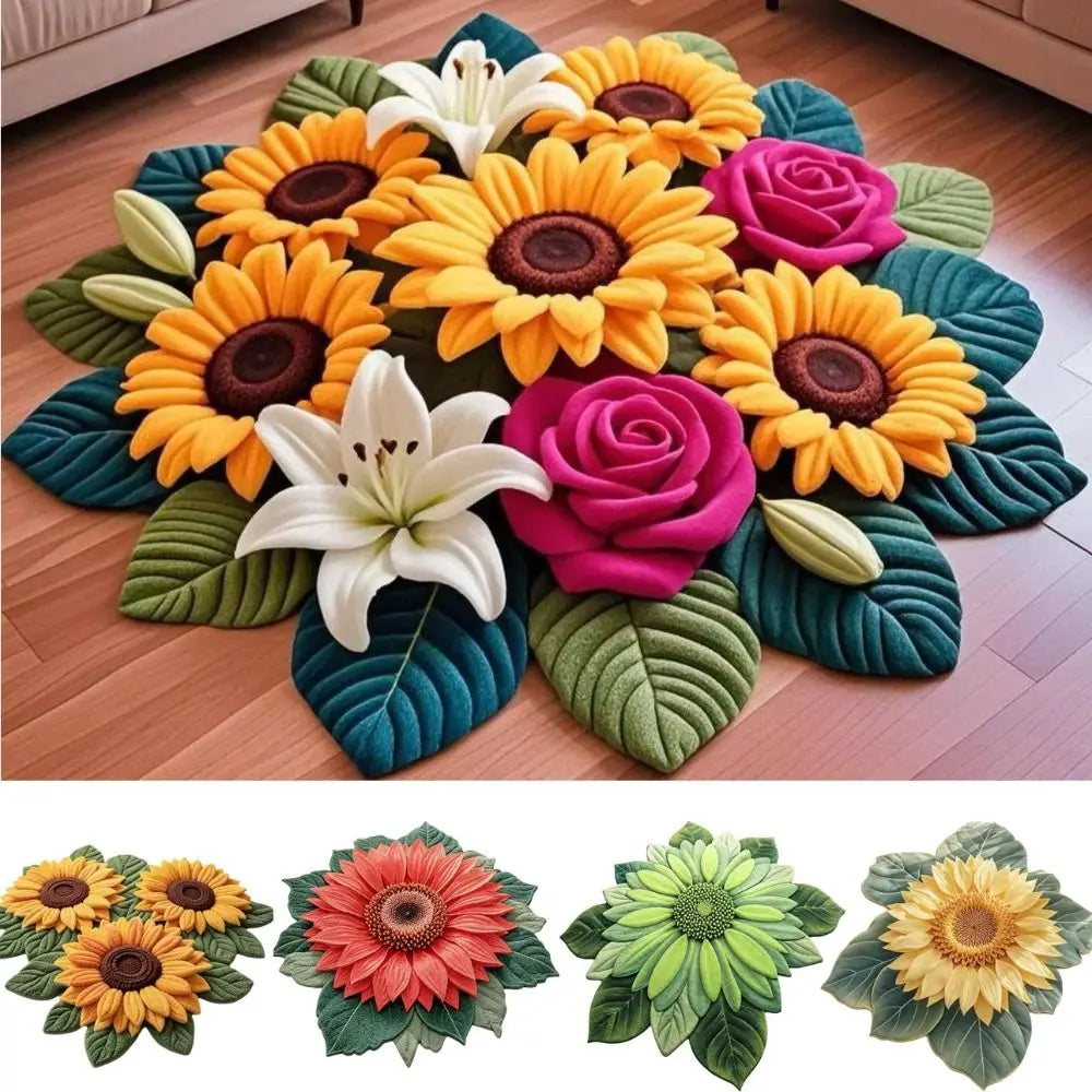 tapis fleurs tournesols roses lys vert jaune marron blanc rose texturé 3d antidérapant polyester