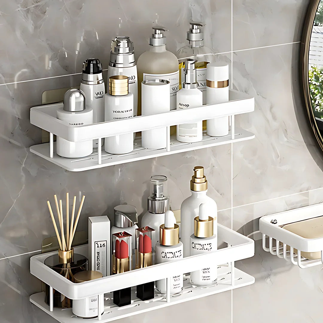 étagère murale salle bain double niveau aluminium rangement cosmétique moderne blanc noir fixation