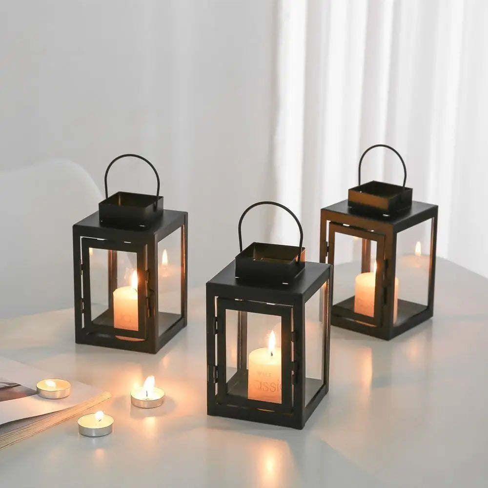 lanterne moderne transparente noire anneaux métalliques bougie extérieure décoration maison suspendueextérieur