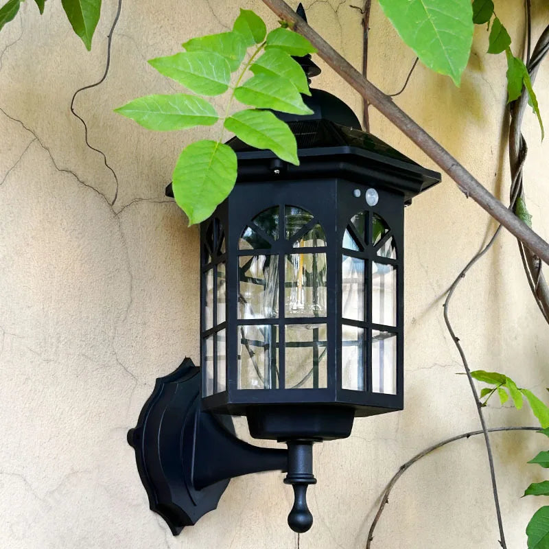 lampe murale solaire extérieure étanche noir marron texture bois verre transparent vintage rustique