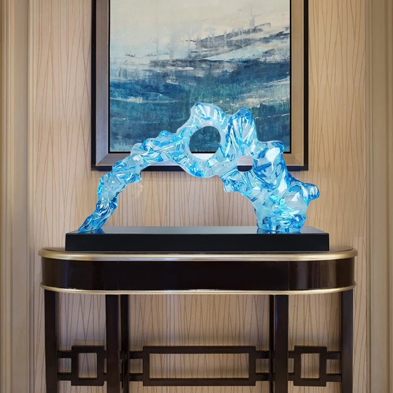 sculpture abstraite moderne bleu clair texture ondulée translucent base noire